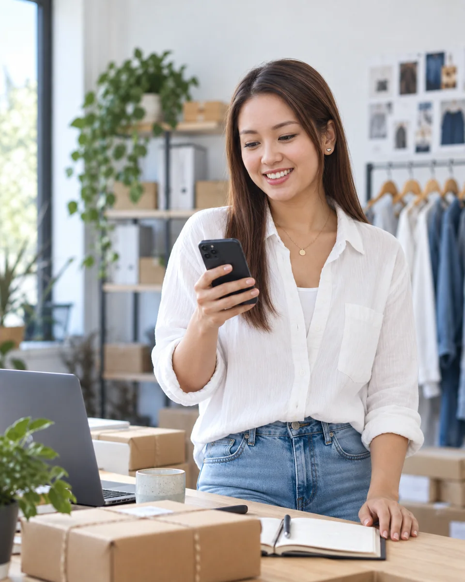 Small business owner reviewing a customer conversation on her phone